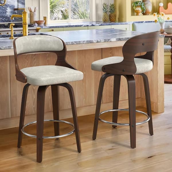 OrangeOne Edwards 26 in.Cream Gray Faux Leather Swivel Bar Stool with Solid Walnut Wood Frame Bentwood Counter Stool 2-pack