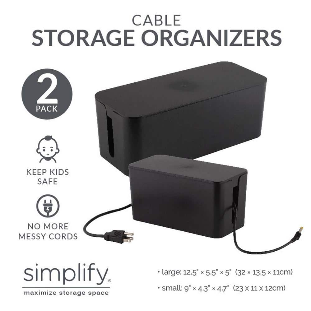 Black Rectangular Lidded Cable Organizer Storage Bin Set