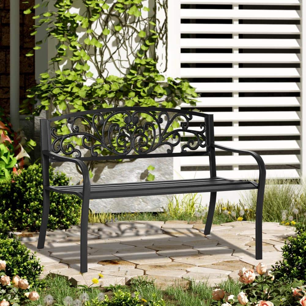 50" Black Iron Floral Pattern Outdoor Bench