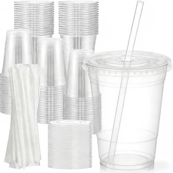 16 oz. Clear Neutral Plastic Disposable Beverage Mugs (Set of 100) with Lids and Straws, Food Safe Leak Free for Drinks