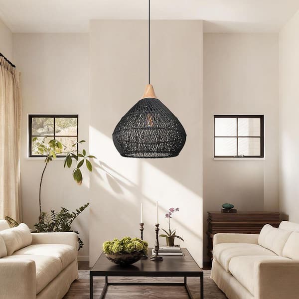 ARTURESTHOME 1 Light Black Hand-Woven Rattan Pendant Light with