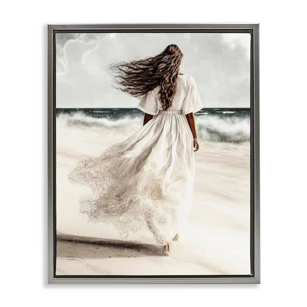Stupell Industries Beach Stroll Sea Spray by Incado Gray Floater Frame People Graphic Art Print 31 in. x 25 in.