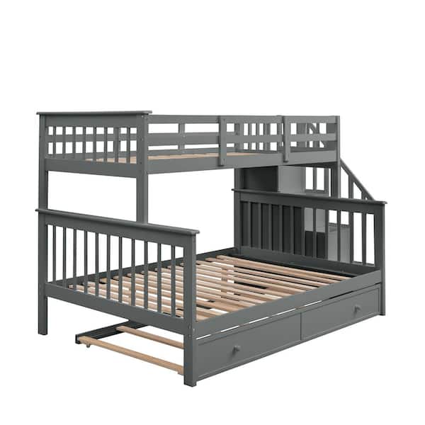 Stairway Twin Over Full Bunk Bed with Trundle, Storage and Guard Rail in Gray(91.73 in. L x 54.33 in. W x 61.4 in. H)