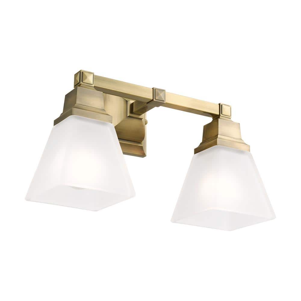 Antique Brass 2-Light Vanity Fixture with Satin Glass Shades