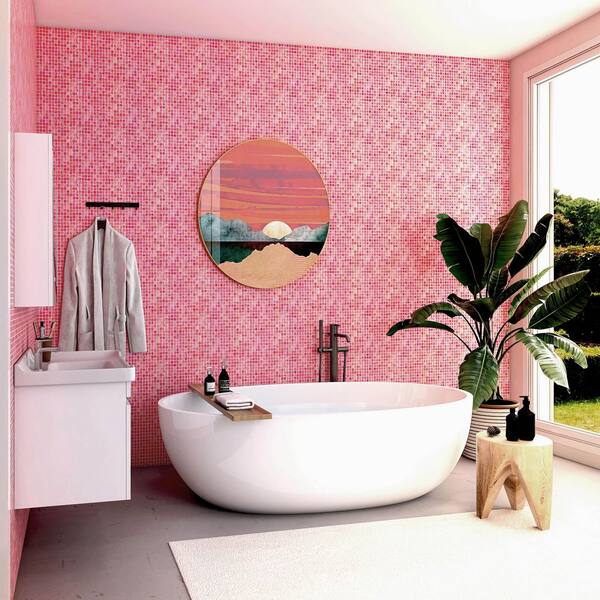 Nacreous 12 in. x 12 in. Glossy Punch Pink Glass Mosaic Wall and Floor Tile (20 sq. ft./case) (20-pack)