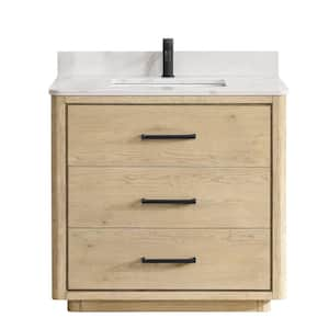 Porto 36 in. W x 22 in. D x 33.8 in. H Single Sink Bath Vanity in Natural Oak with White Quartz Stone Top