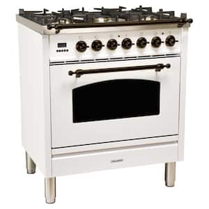30 in. 3.0 cu. ft. Single Oven Dual Fuel Italian Range with True Convection, 5 Burners, Bronze Trim in White