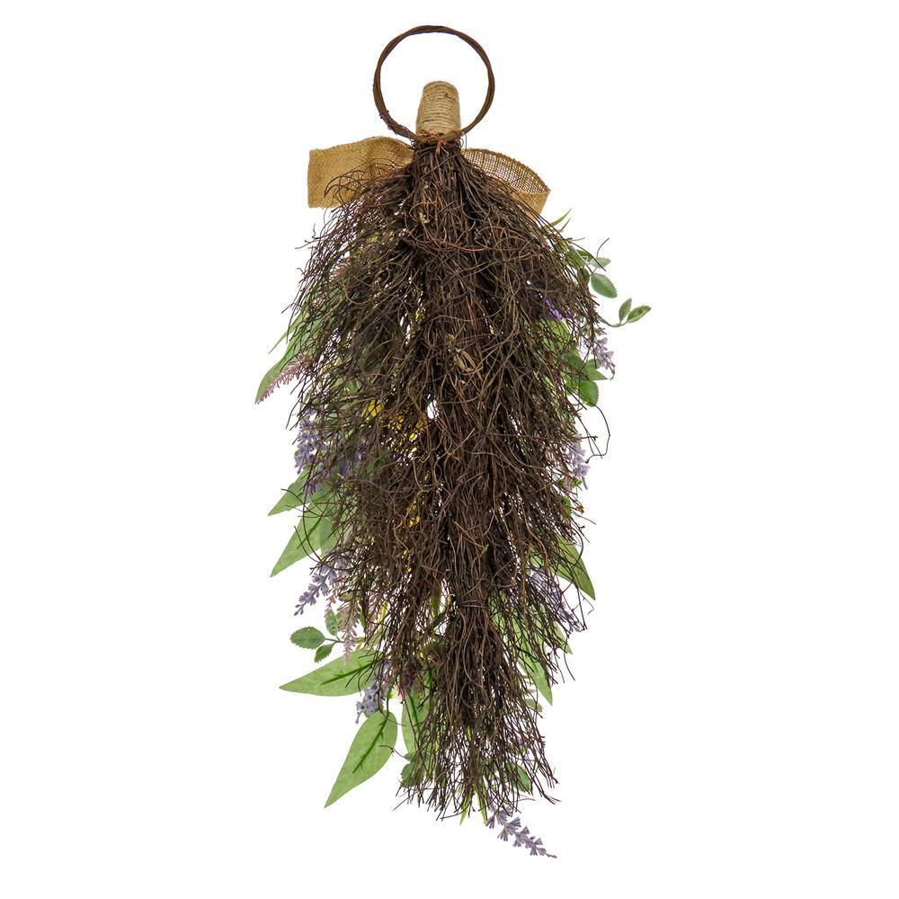 26" Yellow and Purple Artificial Floral Swag with Burlap Ribbon