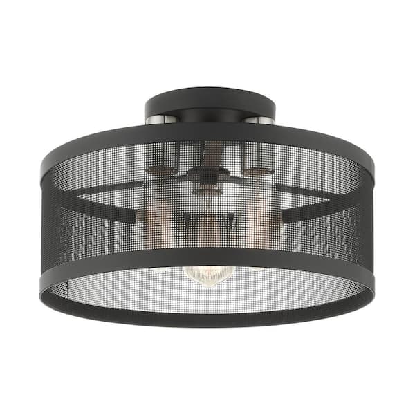 AVIANCE LIGHTING Ardsley 15 in. 3-Light Black Semi Flush Mount with Brushed Nickel Accents and Stainless Steel Mesh Shade