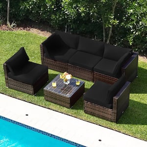 6-Piece Wicker Outdoor Sectional Conversation Furniture Set with Coffee Table & Black Cushions