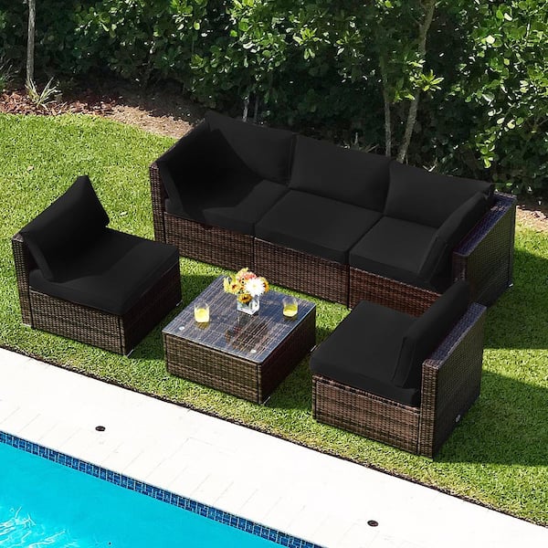 6-Piece Wicker Outdoor Sectional Conversation Furniture Set with Coffee Table & Black Cushions