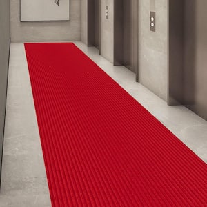 Ribbed Waterproof Non-Slip Rubber Back Solid Runner Rug Polyester 2 ft. W x 10 ft. L Red Garage Flooring