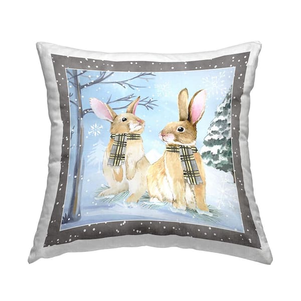 Stupell Industries Winter Snowy Rabbit Scarf Duo Blue Geometric Polyester 18in. X 18in. Throw Pillow