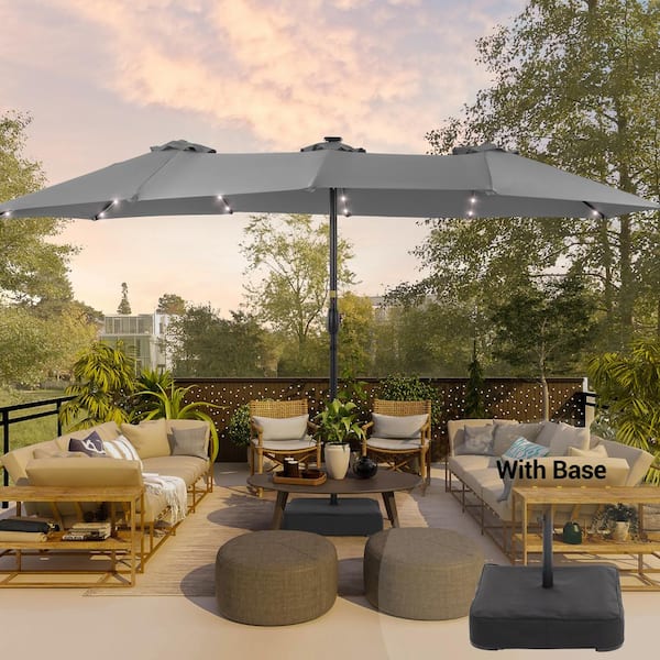 15 ft. x 9 ft. Solar LED Outdoor Double-Sided Umbrella Patio Market Umbrella with Crank and Base in Gray