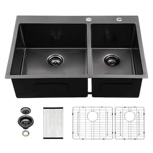 33 in. Drop-In/Topmount 60/40 Double Bowl 16-Gauge Gunmetal Black Stainless Steel Kitchen Sink with Bottom Grids