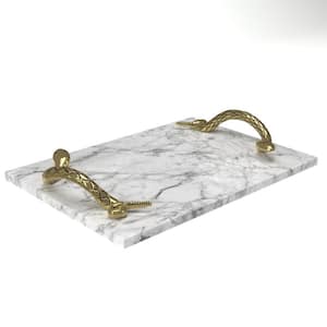White and Shiny Brass Marble Stone Decorative Serving Tray with Snake Handles
