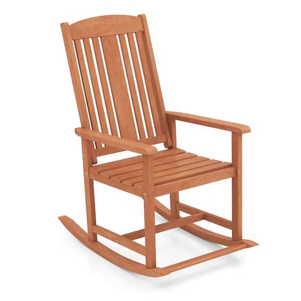 1 Piece Wood Outdoor Rocking Chair with Slatted Seat Wide Armrests and Footrest for Patio