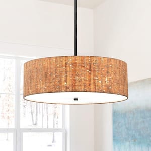 Sunrise 22 in. 4-Light Drum Chandelier Pendant with Black Canopy and Wood Pattern Shade