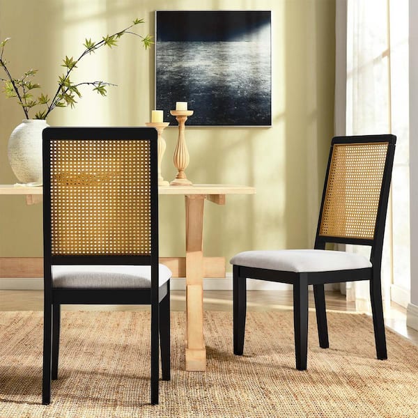 Arlo Faux Rattan and Wood Dining Side Chairs - (Set of 2) in Black Natural Heathered Weave Ivory