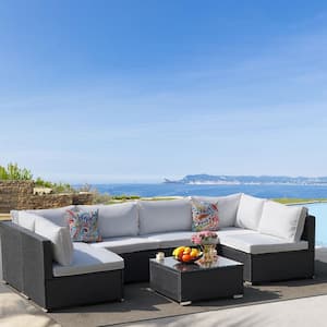 7-Piece Black Wicker Patio Conversation Seating Set with Beige Cushions