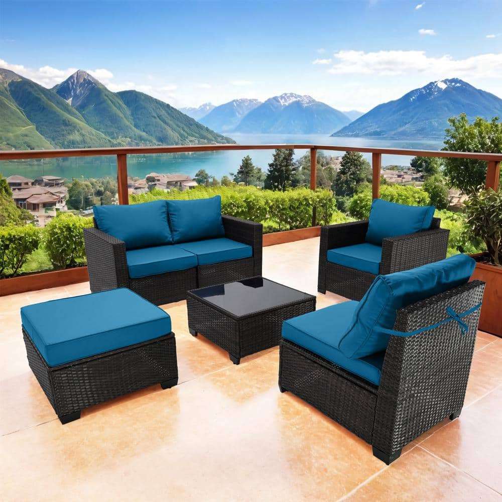 Brown 6-Pieces Wicker Outdoor Fabric Sofa Sectional Set with Dark Blue Cush