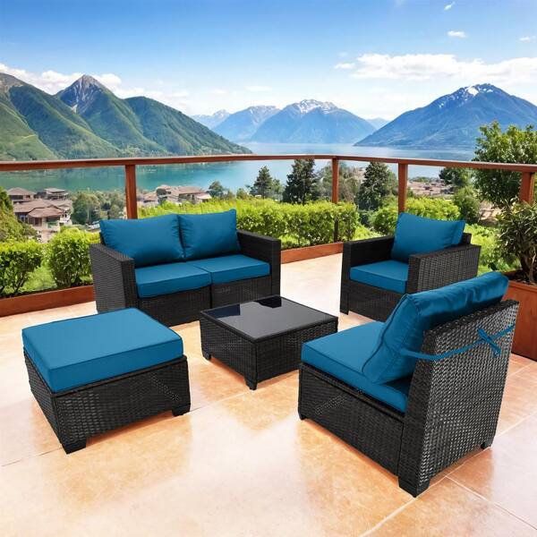 Unbranded Brown 6-Pieces Wicker Outdoor Fabric Sofa Sectional Set with Dark Blue Cushion