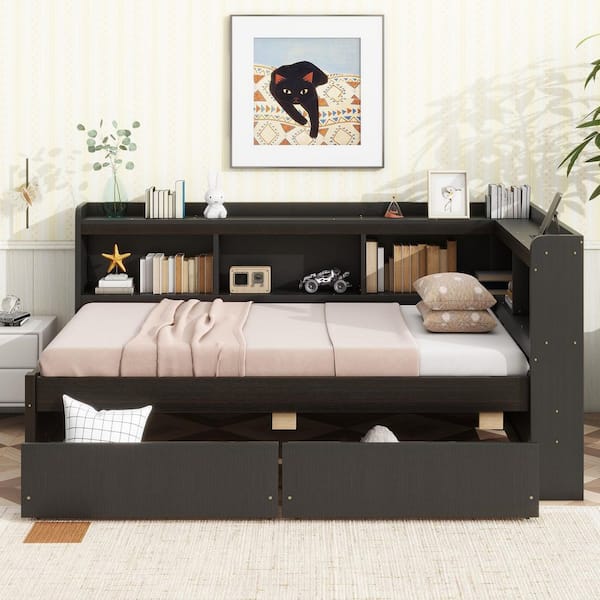 Espresso Twin Size Daybed with 2 Drawers, Power Outlets, USB Charging Ports and Bookcases