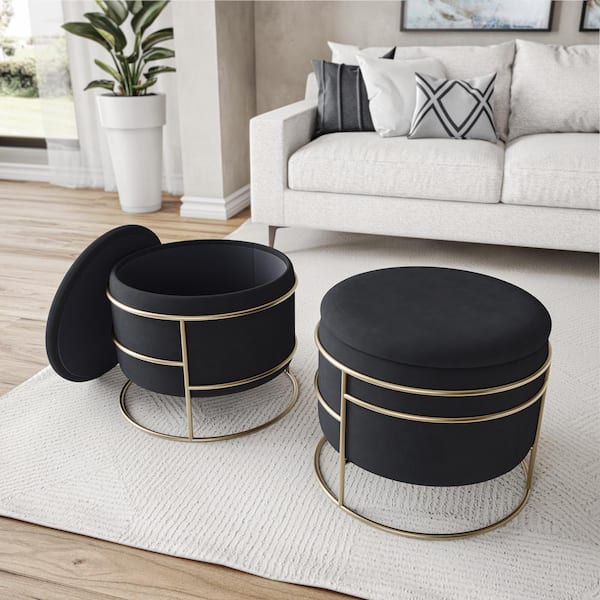 Black Velvet Round with Gold Frame and Storage Ottoman