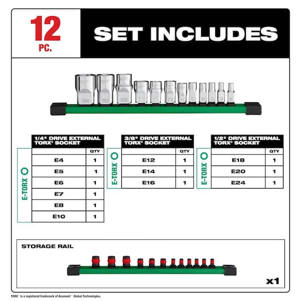 1/4 in., 3/8 in., and 1/2 in. Drive External Torx Socket Set (12-Piece)
