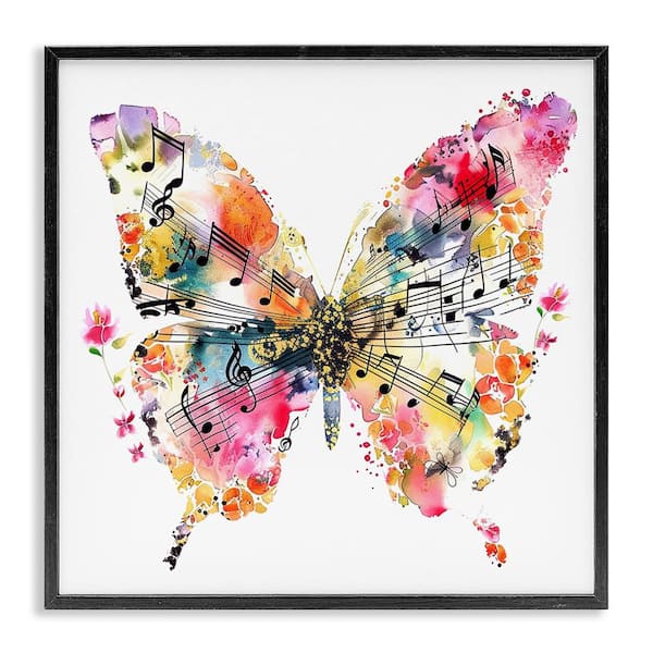 Stupell Industries Butterfly and Music Notes by LSR Design Studio Black Framed Animal Giclee Art Print 24 in. x 24 in.