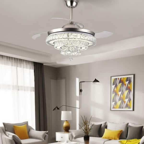 Modern 42"/44" Crystal LED Dimming Chandelier Remote Invisible Ceiling Fan Light 
