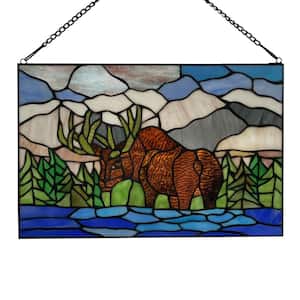 Mountainscape Moose Brown, Blue and Green Stained Glass Window Panel