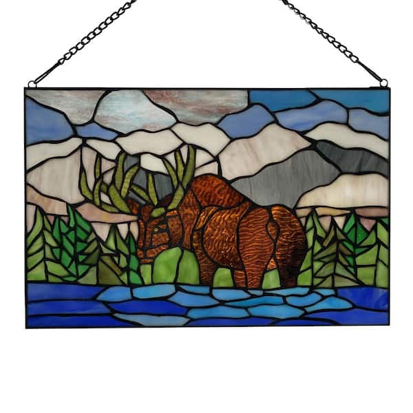 River of Goods Mountainscape Moose Brown, Blue and Green Stained Glass Window Panel