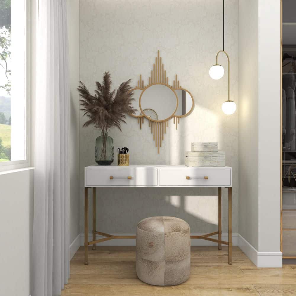 Elegant Sunburst Gold Wall Mirror with Triple Circle Fusion Design, 27" x 39"