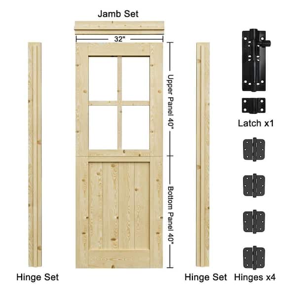 32 in. x 80 in. Pine Universal 4-Lite Clear Glass& 2-Panel Unfinished Dutch Wood Prehung Front Door+Quick Assemble Jamb