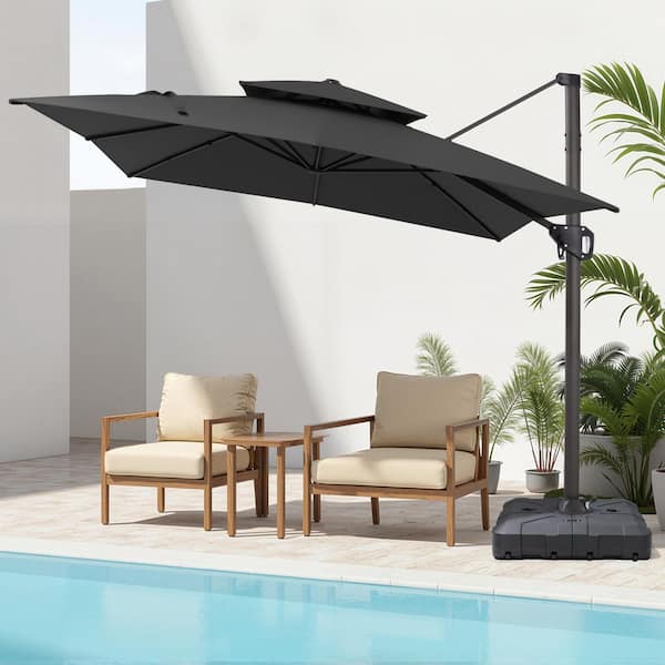 Pellebant 11 ft. x 9 ft. Aluminum Dual-Top 360° Rotation Offset Outdoor Cantilever Patio Umbrella in Black with Fillable Base