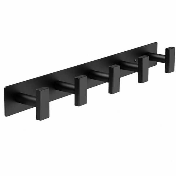 T-Shaped Stainless Steel Wall Mount Coat Rack with 5 Hooks in Black Finish for Towels, Coats, Hats and Keys
