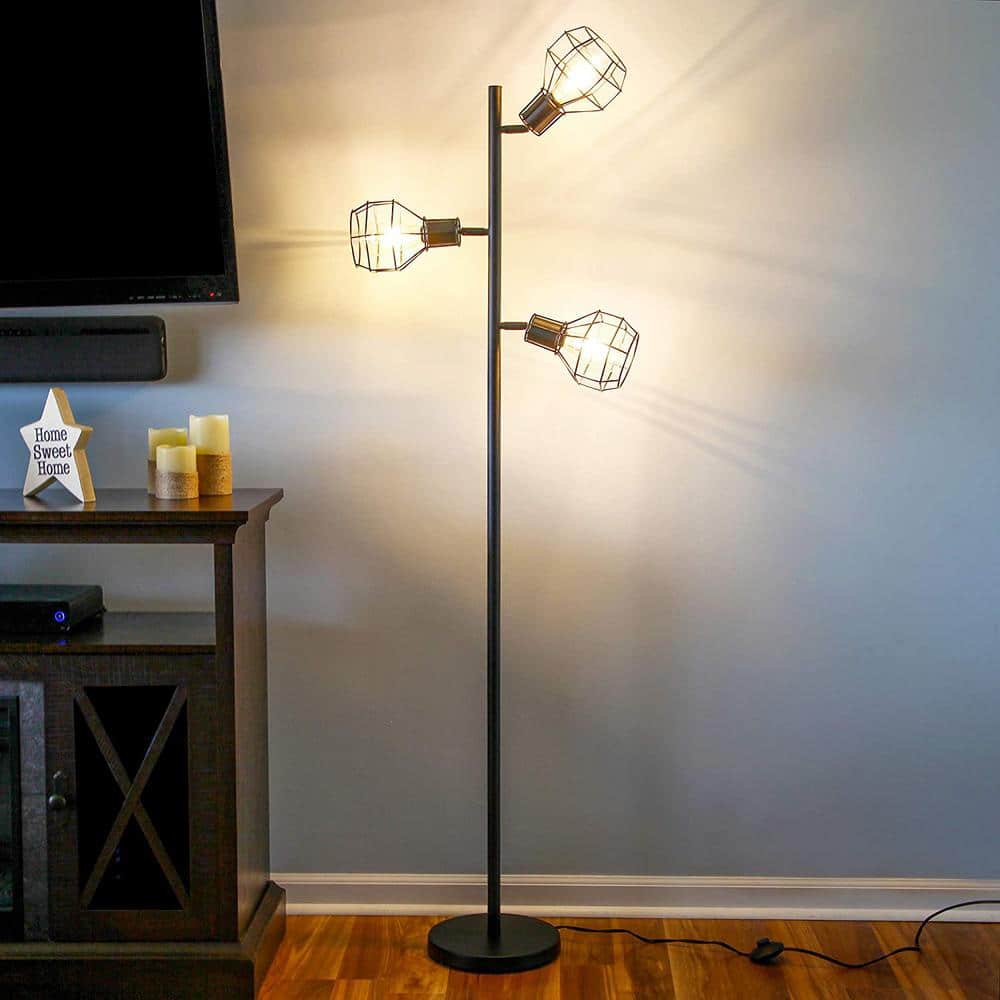 Robin Adjustable 3-Head Industrial Black LED Floor Lamp with Vintage Edison Bulbs