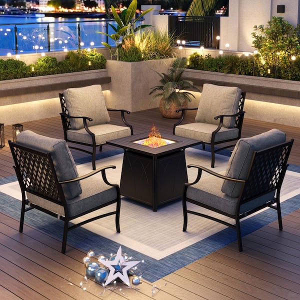 PHI VILLA Black Meshed 4 Seat 5-Piece Metal Steel Outdoor Patio Conversation Set with Gray Cushions, Square Fire Pit Table