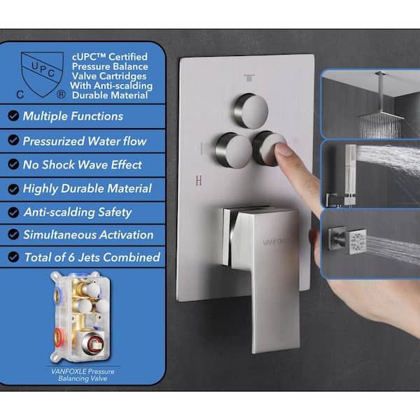 Single Handle 1-Spray 3 Spray Patterns Shower Faucet 1.8 GPM with Pressure Balance, 10 in. Shower Head Brushed Nickel