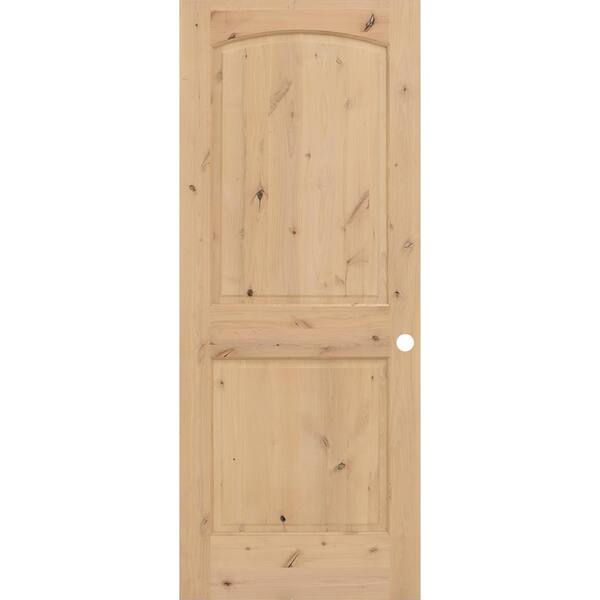 Steves & Sons 24 in. x 80 in. Universal 2-Panel Round Top Unfinished Knotty Alder Wood Interior Door Slab with Bore