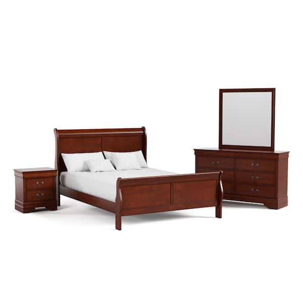 4-Piece Burkhart Cherry Wood Queen Bedroom Set with Nightstand and Dresser/Mirror