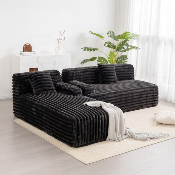 110 in. Faux Rabbit Fur Fabric Cloud Sectional Sofa in. Black, No Assembly Required