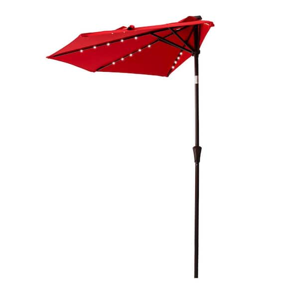 FLAME&SHADE 9 ft. Aluminum Market Solar Lighted Tilt Half Round Patio Umbrella with LED in Red Solution Dyed Polyester