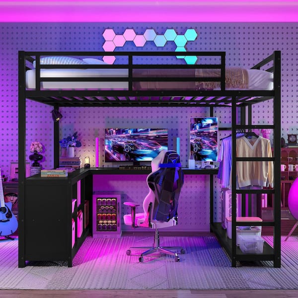 Black Queen Metal Loft Bed with Wardrobe and L-Shaped Desk, Storage Cubes and Shelves
