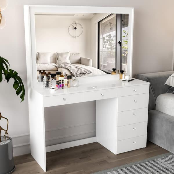 BOAHAUS Joan White Finish, 7 Drawers 57 in. W Dresser with Mirror