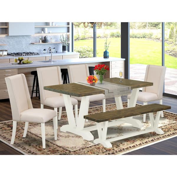 East West Furniture 6-Piece Rectangle Distressed Jacobean Finish Solid Wood Top Dining Table with 1-Bench, 4-Chairs with Lattice Back