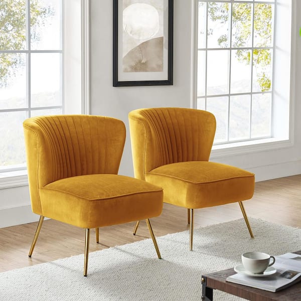 JAYDEN CREATION Monica Modern Mustard Velvet Comfy Living Room Side Chair with Golden Metal Legs (Set of 2)