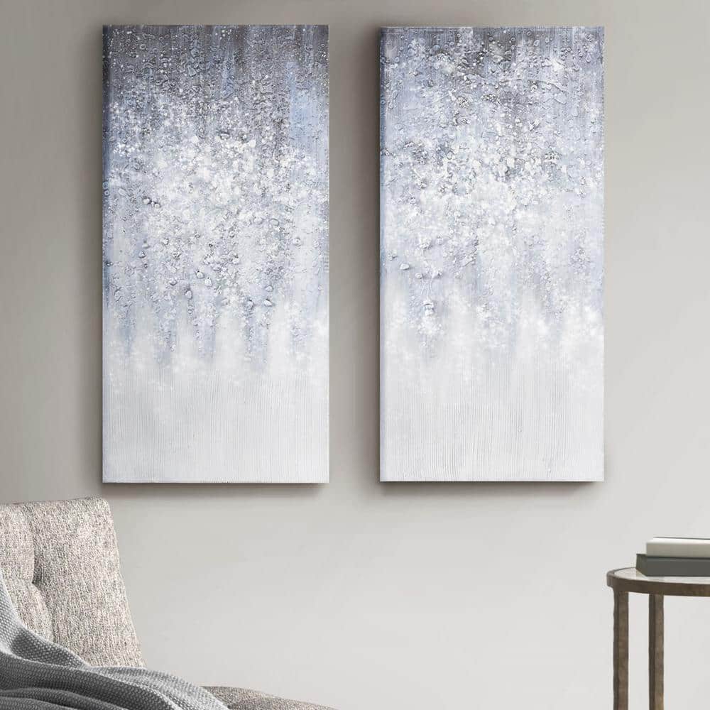Winter Glaze Blue and White Abstract Embellished Canvas Art 15"x30"