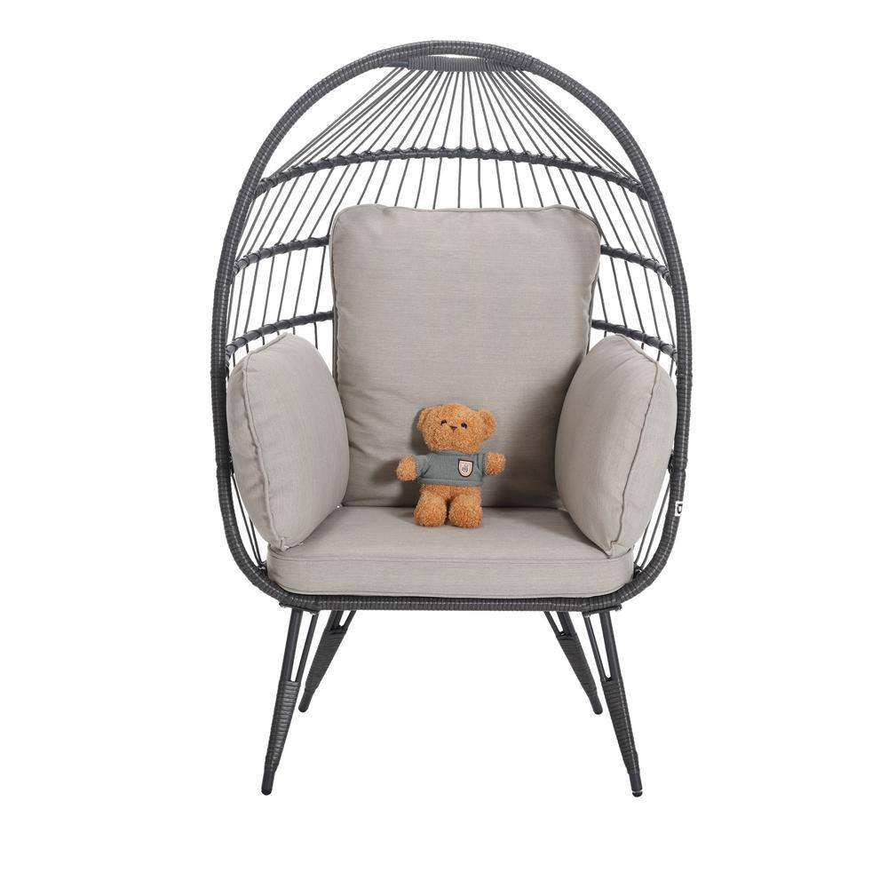 Wicker Outdoor Lounge Chair Oversized Egg Chair with Stand Beige Cushion Eg